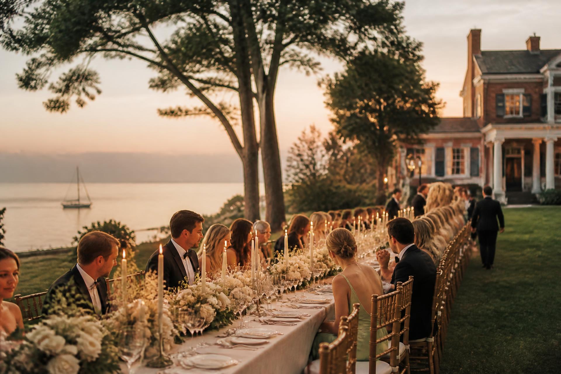 Elegant waterfront dinner on a Chesapeake Bay estate at sunset