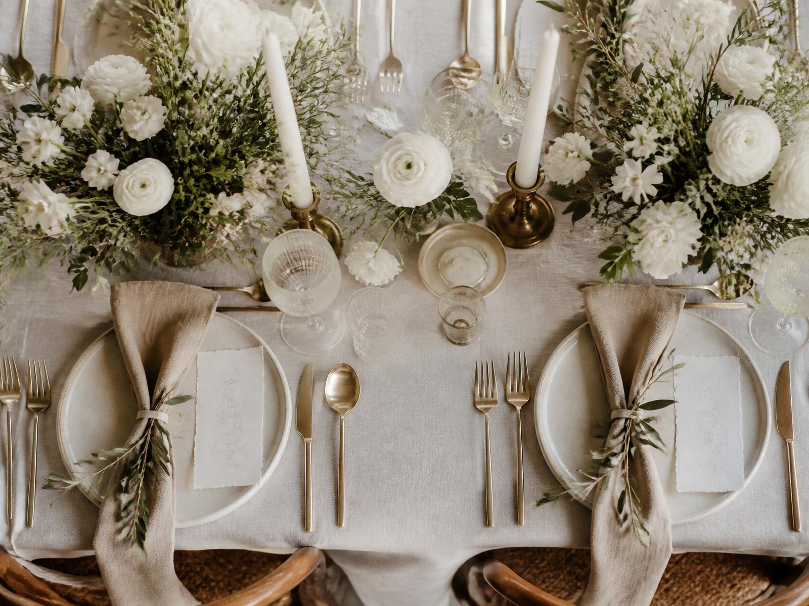 Ivory and sage tablescape with brass details